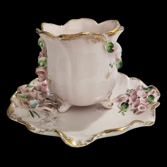 Vintage Norcrest Fine China Pink Floral Footed Cup & Saucer Set D323 Gold Trim - Picture 2 of 7